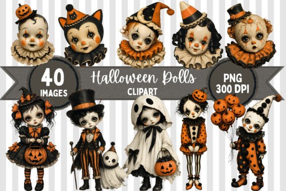 Download Vintage Spooky Halloween Dolls Clipart - Halloween dolls Collection