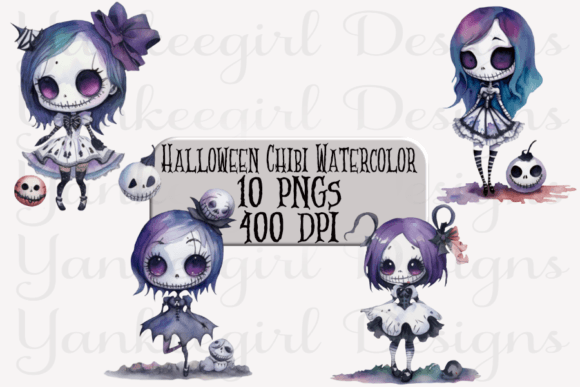 Download Watercolor Chibi Halloween Dolls - Halloween dolls Collection